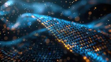 Abstract representation of flowing digital data with shimmering particles in a dark background photo