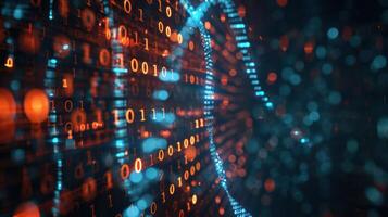 Abstract representation of binary code flowing through a digital landscape with glowing particles photo
