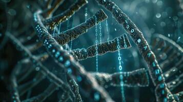 Intricate close-up of DNA strands with binary code flowing, symbolizing genetic data processing photo
