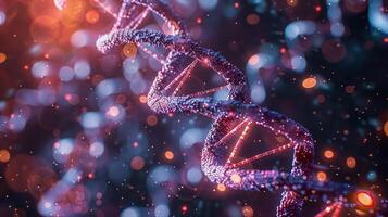 Abstract representation of DNA structure with vibrant colors and glowing particles in a scientific context photo