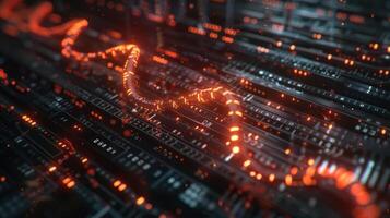 Abstract representation of glowing data streams flowing through a digital network with depth photo
