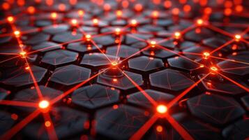 Abstract representation of a network with glowing red lines on a dark hexagonal surface photo