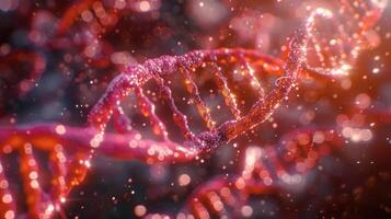 Intricate close-up of a vibrant DNA double helix structure illuminated by sparkling particles photo