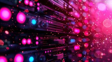 Abstract view of illuminated server racks with colorful bokeh effects in a digital environment photo