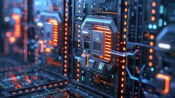 Futuristic data center showcasing advanced technology with illuminated circuits and processors photo
