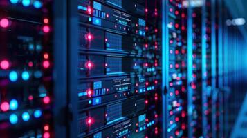 High-tech data center showcasing rows of servers with illuminated lights and cables photo