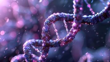 Close-up view of a vibrant, shimmering DNA double helix amidst a colorful, abstract background photo