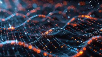 Abstract representation of digital data flowing in waves with glowing particles in a dark background photo