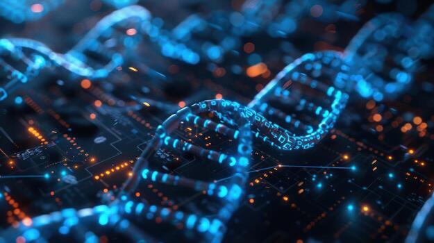 Abstract representation of DNA structure intertwining with digital circuitry, highlighting technology's impact photo