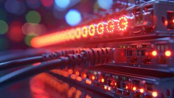 Close-up view of illuminated server components with vibrant bokeh lights in the background photo