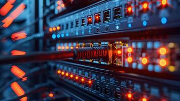 Close-up of illuminated server rack with network cables, showcasing data transfer in a tech environment photo