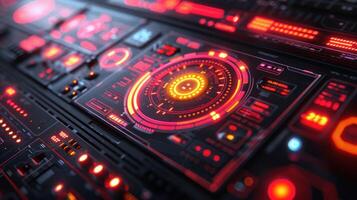 Futuristic control panel with glowing red lights and intricate digital interfaces in a sci-fi setting photo