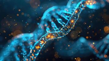 Detailed view of a glowing DNA helix surrounded by shimmering particles in a dark background photo