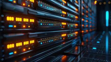 Close-up of illuminated server racks in a data center with vibrant lights and cables photo