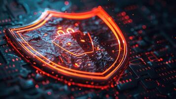 Abstract digital shield symbolizing cybersecurity on a dark tech background with glowing elements photo