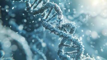 Close-up view of a DNA double helix structure surrounded by particles, illustrating genetic science photo