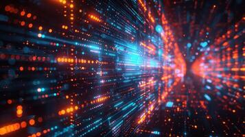 Vibrant abstract digital tunnel with glowing particles and light trails in motion photo