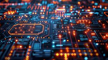 Abstract representation of a vibrant circuit board with glowing connections and nodes photo