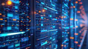 Modern data center with illuminated servers, showcasing advanced technology and vibrant lights photo