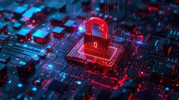 Digital representation of a secure lock on a circuit board, symbolizing cybersecurity progress photo