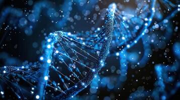 Abstract representation of a DNA double helix illuminated by blue lights, surrounded by glowing particles photo