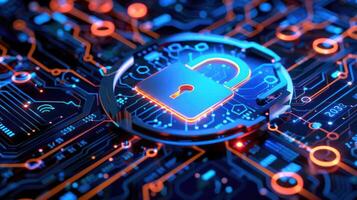 Digital lock symbolizing cybersecurity on a circuit board with vibrant colors and technology elements photo