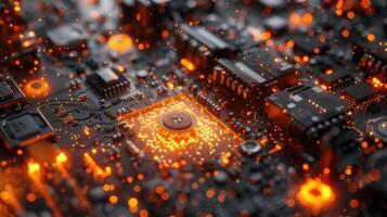 Close-up view of a glowing circuit board with intricate components and vibrant orange sparks illuminating the surface photo