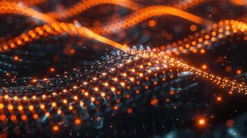 Abstract representation of flowing waves with glowing particles in a dark environment photo
