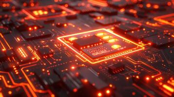 Close-up view of a glowing circuit board with intricate patterns and luminous components photo