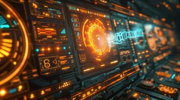 Futuristic control panel with glowing interfaces and data displays in a sci-fi environment photo