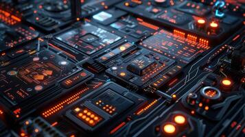 Close-up view of intricate circuit board design with glowing elements and dark background photo
