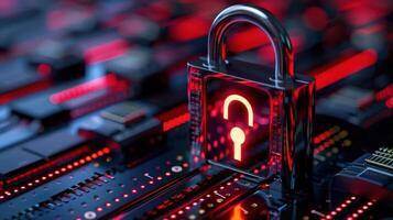 A digital padlock symbolizing cybersecurity on a circuit board background illuminated in red photo