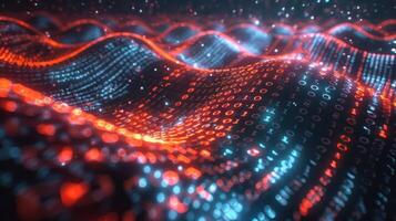 Abstract digital waves with binary code and glowing particles in a futuristic setting photo