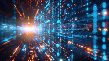 Abstract representation of data flow with glowing binary code in a futuristic digital environment photo