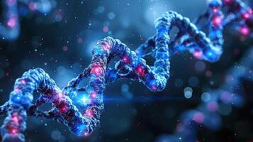 Close-up of a DNA double helix structure with glowing elements against a blurred background photo