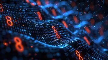 Abstract representation of flowing binary code with glowing numbers and particles in a digital landscape photo