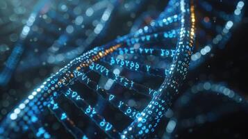 Abstract visualization of DNA strands illuminated by glowing data particles in a digital environment photo