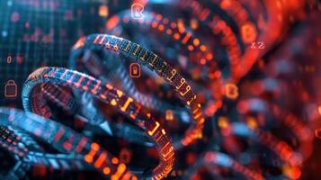 Abstract representation of digital data with swirling binary code and security icons in a tech environment photo