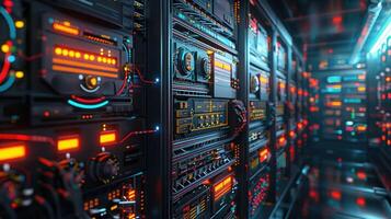 Futuristic server room filled with illuminated technology, showcasing data processing in action photo