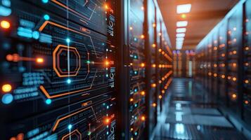 High-tech server room with illuminated panels and data processing in a modern facility photo