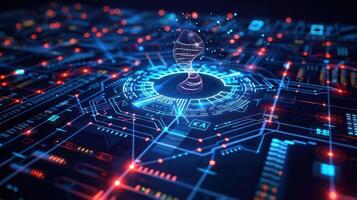 Futuristic digital representation of a DNA strand surrounded by glowing circuit patterns and data flow photo