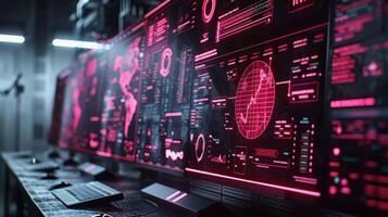 Futuristic control room with glowing screens displaying data and analytics in a high-tech environment photo