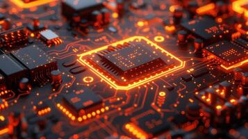 Close-up view of a glowing microchip on a circuit board with intricate patterns and connections photo