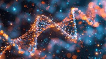 Abstract representation of DNA strands illuminated with vibrant blue and orange lights, creating a mesmerizing background photo
