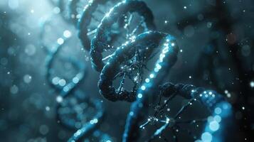 Close-up view of a DNA double helix structure illuminated by sparkling particles in a dark background photo