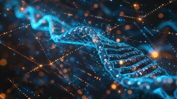 Abstract representation of a DNA strand illuminated by glowing particles in a digital space photo