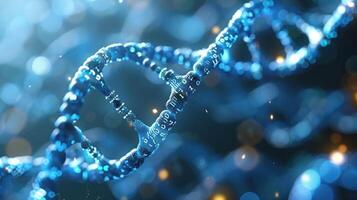 Close-up view of a blue DNA double helix structure glowing with light particles, symbolizing genetic research photo