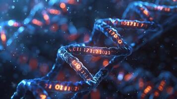 Close-up view of a digital DNA strand illuminated with binary code, representing genetic data analysis photo