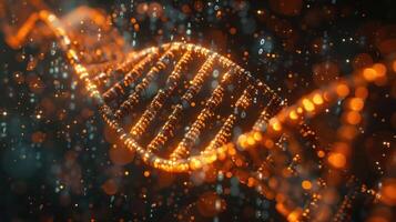 Abstract representation of a glowing DNA strand surrounded by vibrant particles in a dark background photo