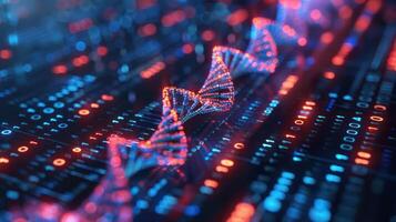 Abstract visualization of DNA strands intertwined with digital data, showcasing technology and science photo